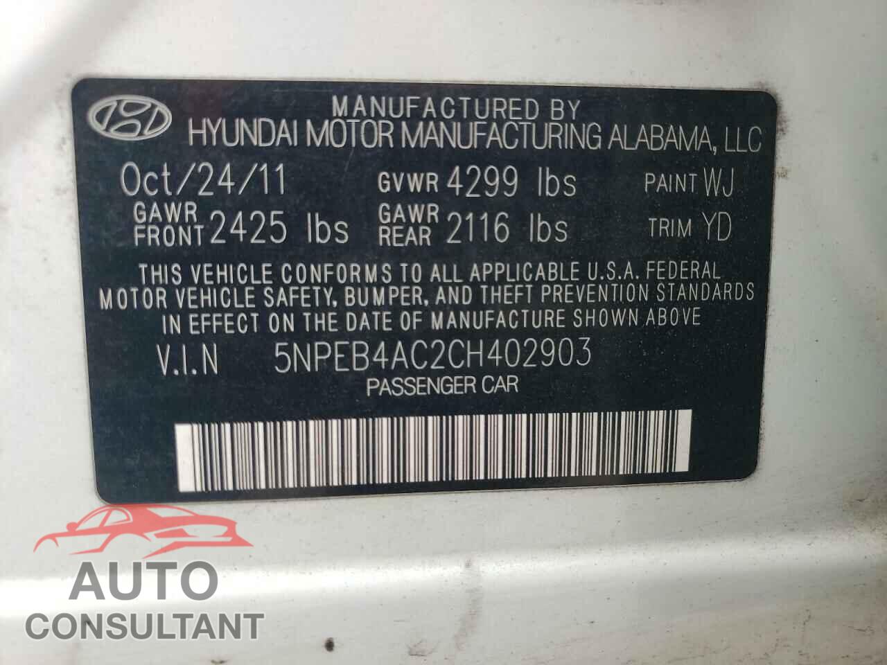 HYUNDAI SONATA 2012 - 5NPEB4AC2CH402903