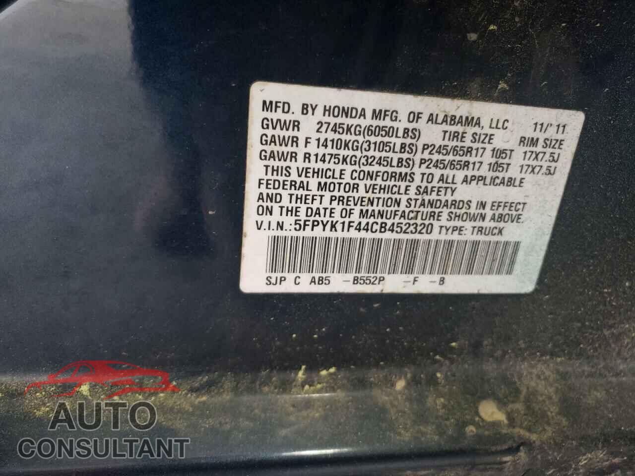 HONDA RIDGELINE 2012 - 5FPYK1F44CB452320
