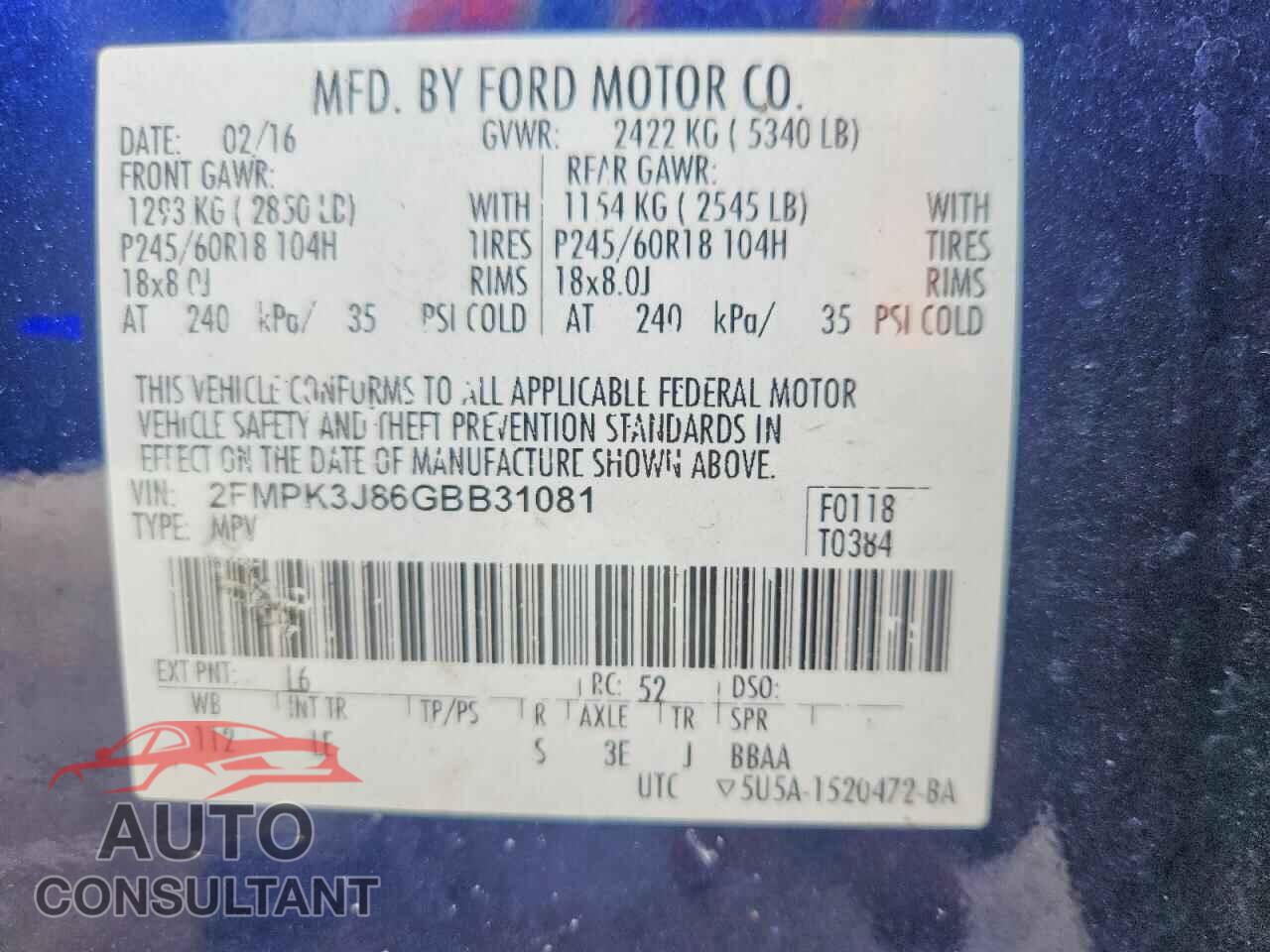 FORD EDGE 2016 - 2FMPK3J86GBB31081