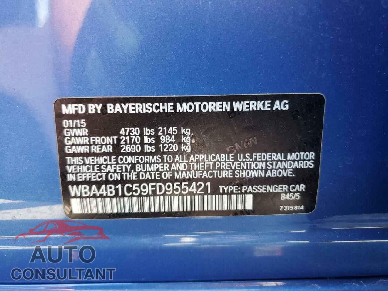 BMW 4 SERIES 2015 - WBA4B1C59FD955421