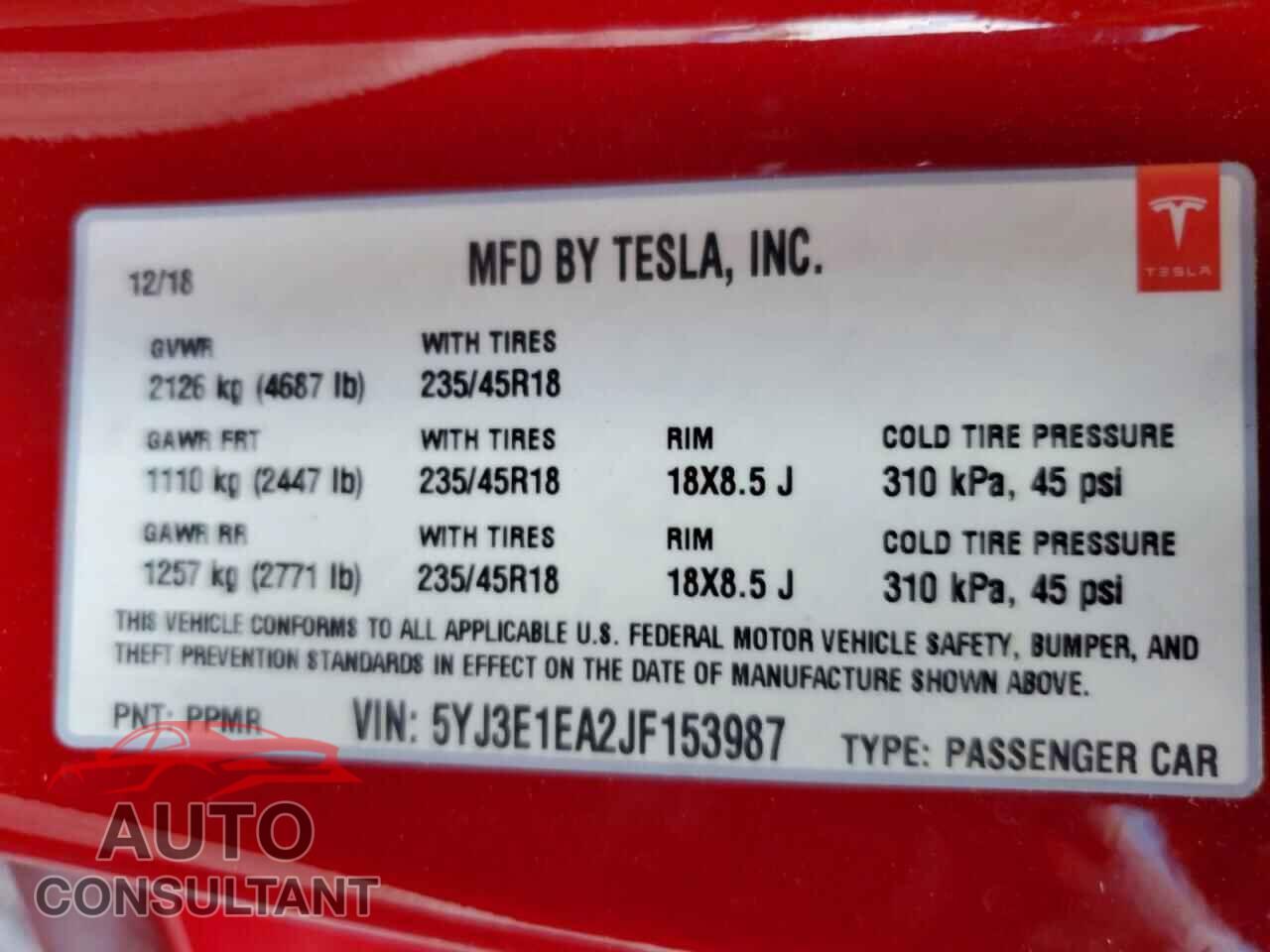 TESLA MODEL 3 2018 - 5YJ3E1EA2JF153987