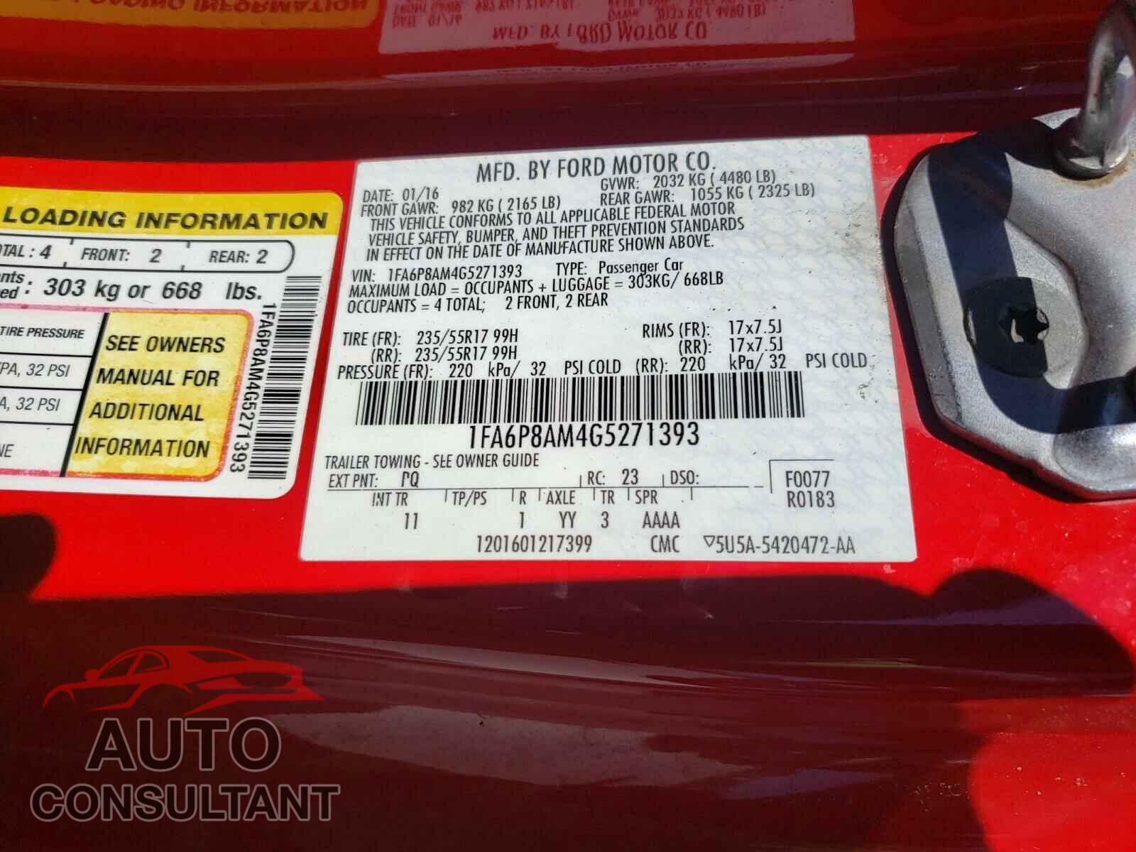 FORD MUSTANG 2016 - 1FA6P8AM4G5271393