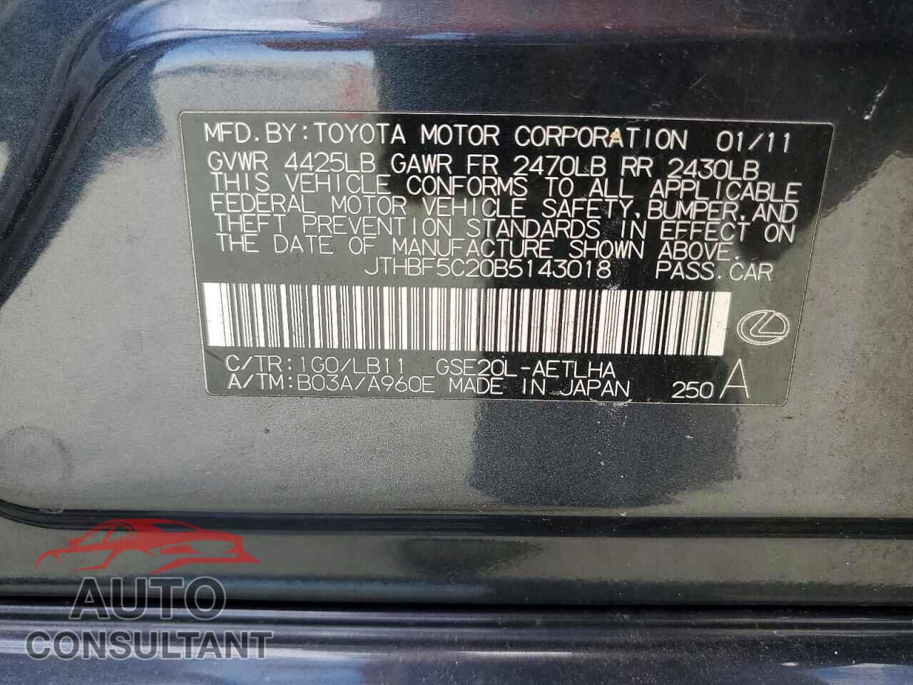 LEXUS IS 2011 - JTHBF5C20B5143018