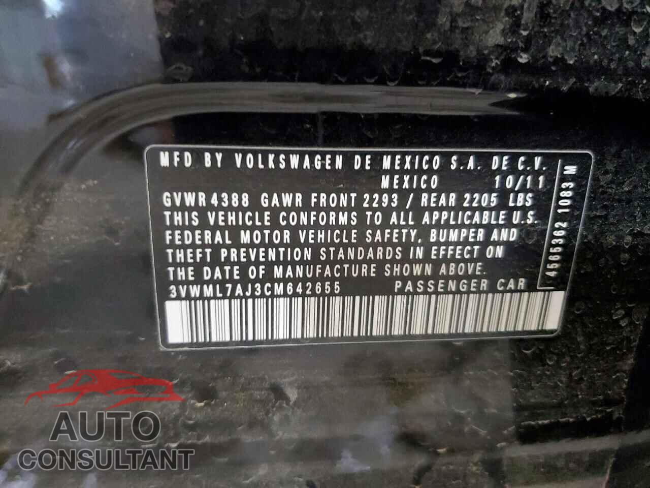 VOLKSWAGEN JETTA 2012 - 3VWML7AJ3CM642655