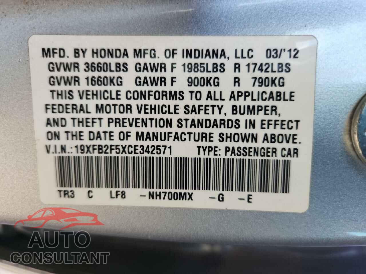 HONDA CIVIC 2012 - 19XFB2F5XCE342571