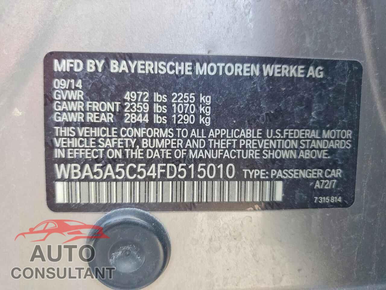BMW 5 SERIES 2015 - WBA5A5C54FD515010