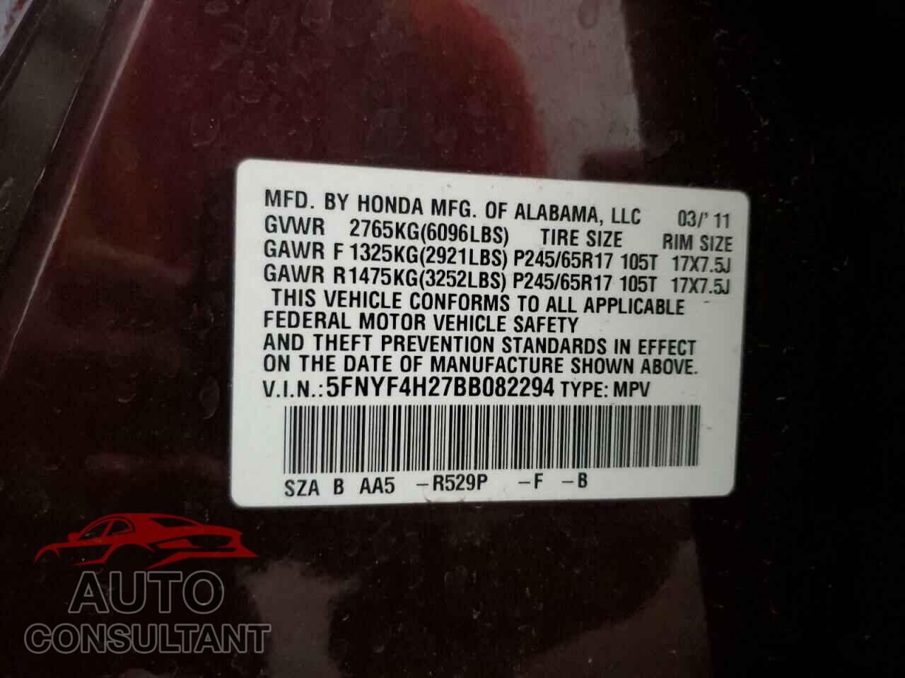 HONDA PILOT 2011 - 5FNYF4H27BB082294