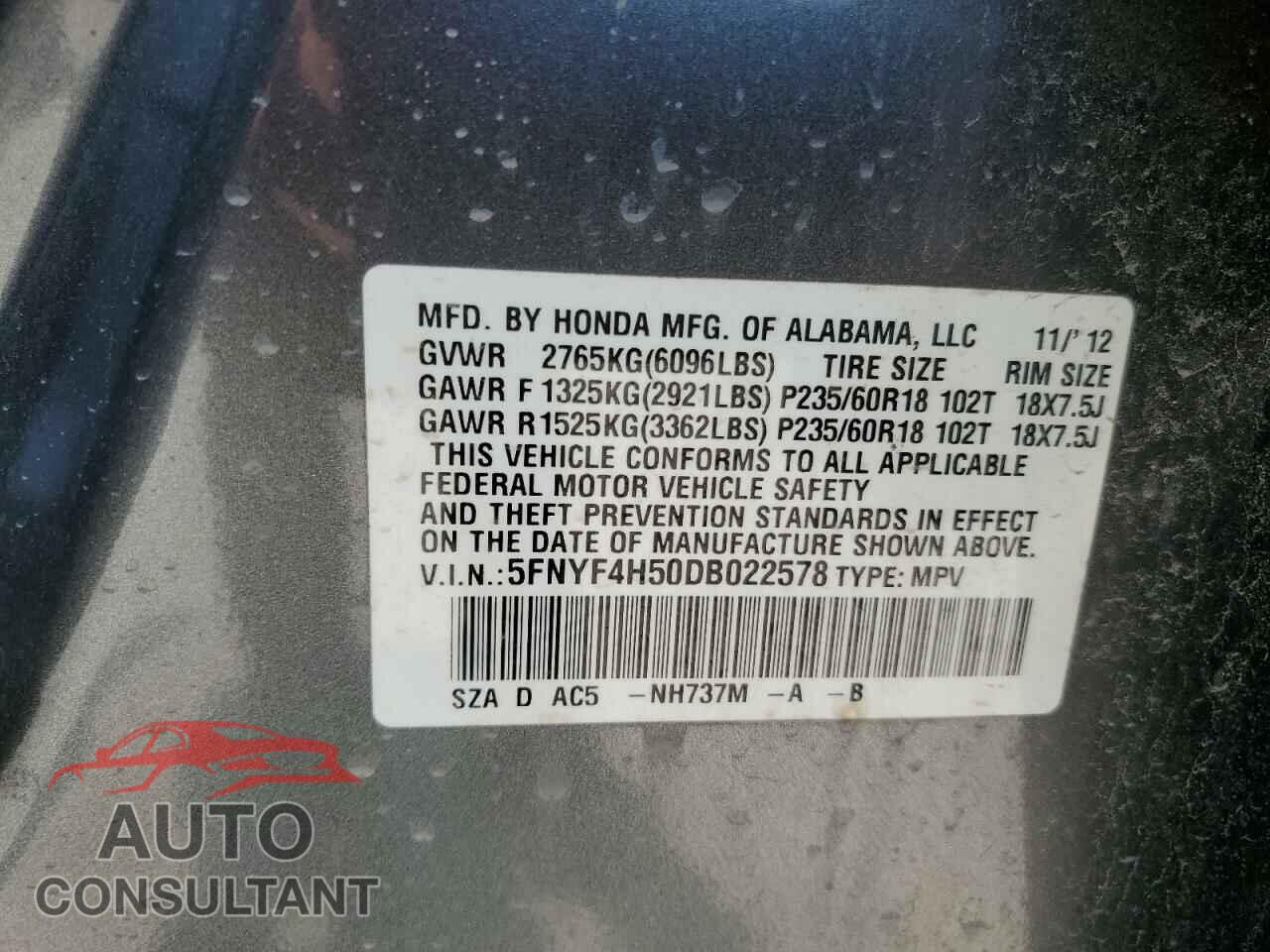 HONDA PILOT 2013 - 5FNYF4H50DB022578