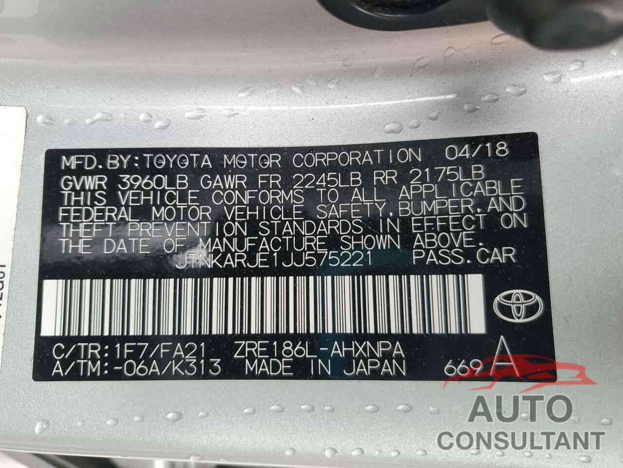 TOYOTA COROLLA 2018 - JTNKARJE1JJ575221