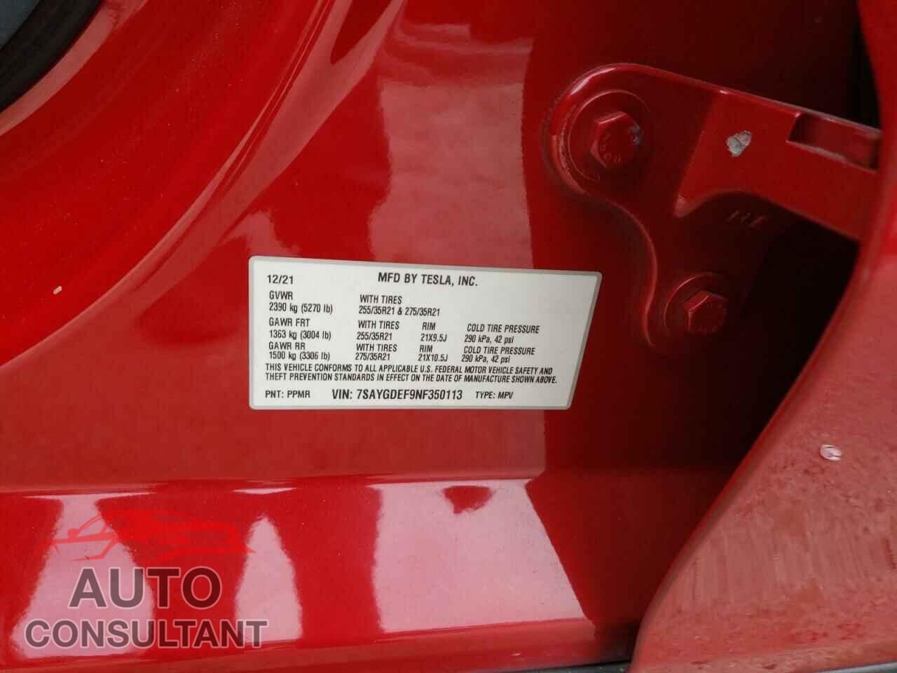 TESLA MODEL Y 2022 - 7SAYGDEF9NF350113
