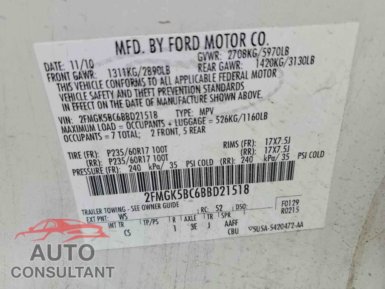 FORD FLEX 2011 - 2FMGK5BC6BBD21518