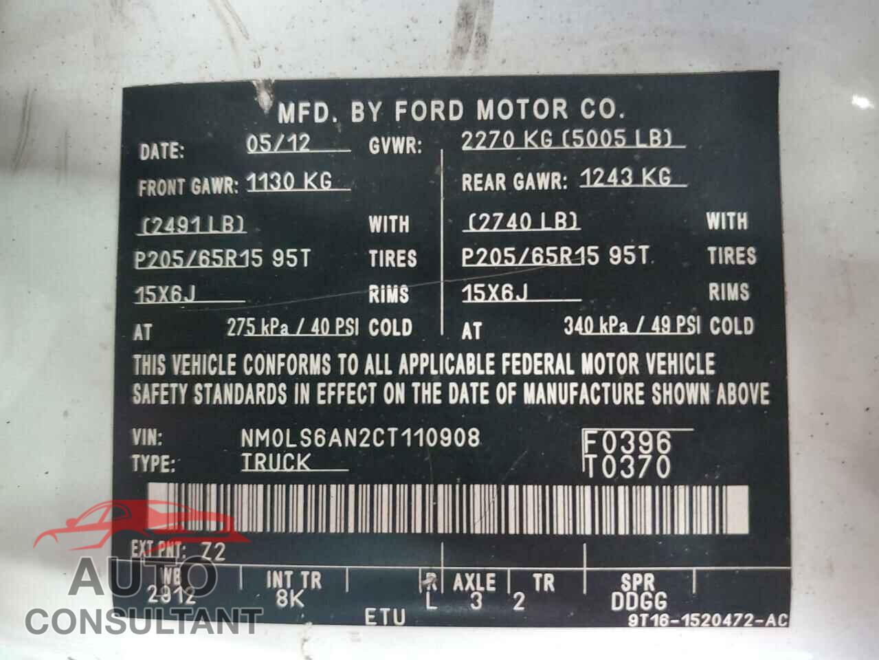 FORD TRANSIT 2012 - NM0LS6AN2CT110908