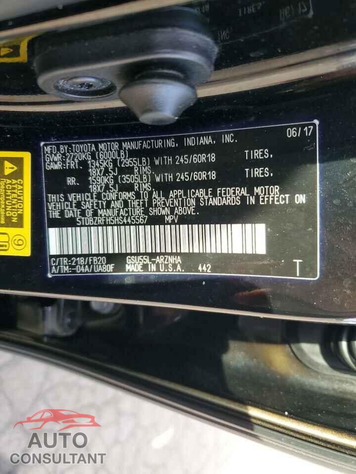 TOYOTA HIGHLANDER 2017 - 5TDBZRFH5HS445567