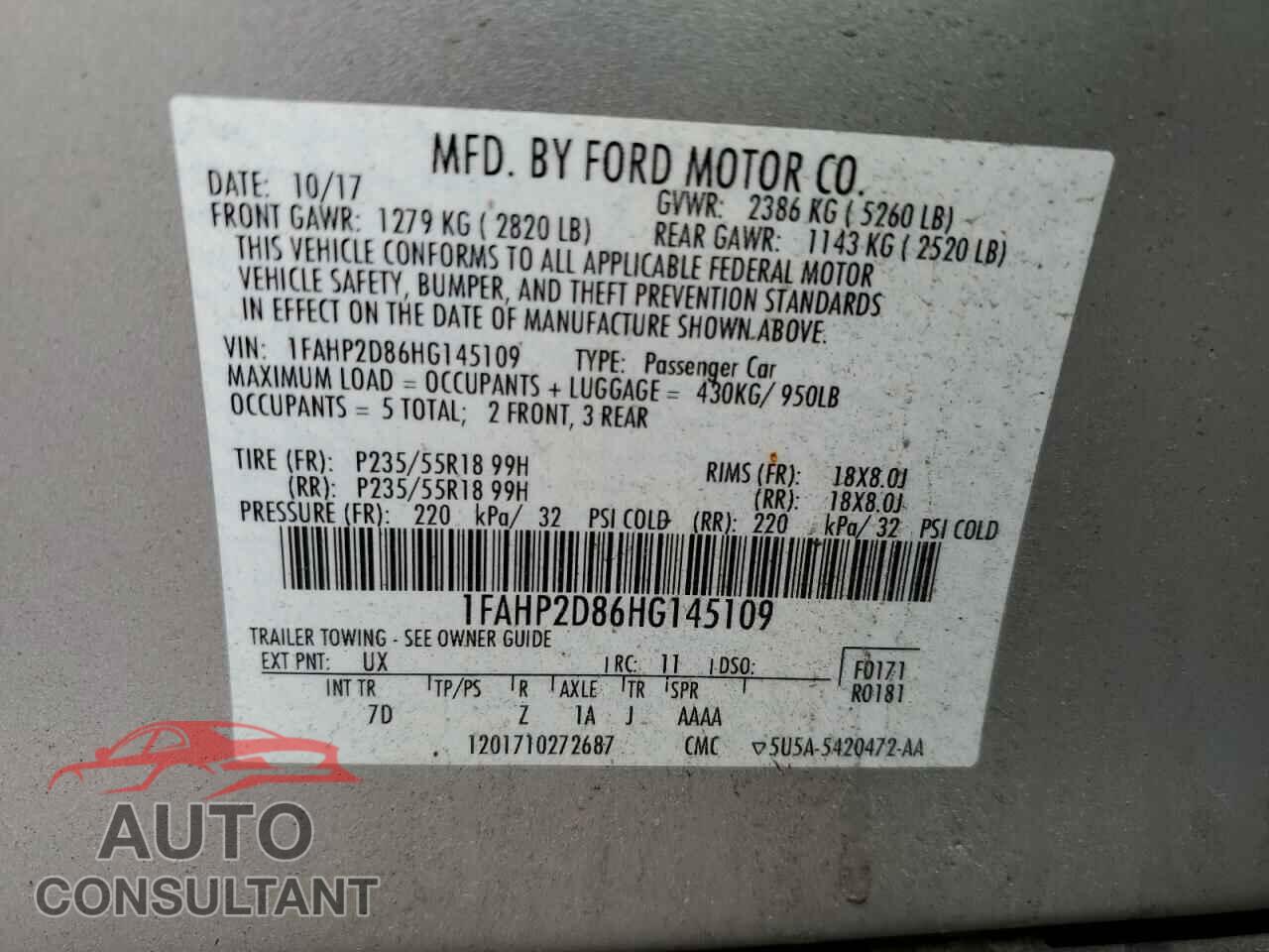 FORD TAURUS 2017 - 1FAHP2D86HG145109