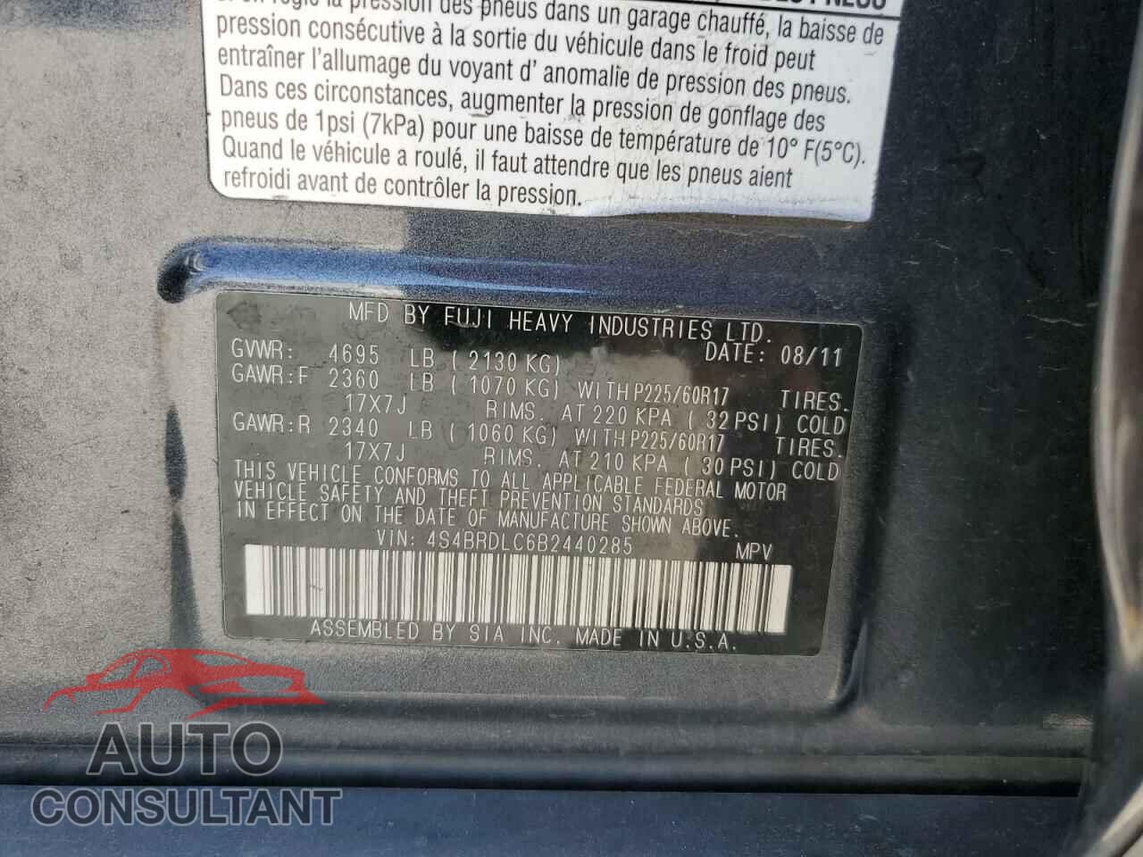 SUBARU OUTBACK 2011 - 4S4BRDLC6B2440285
