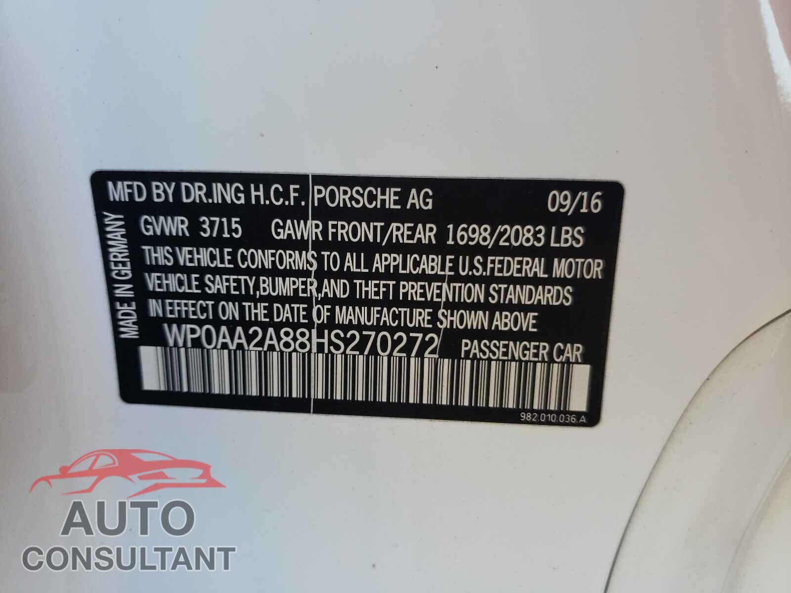PORSCHE CAYMAN 2017 - WP0AA2A88HS270272
