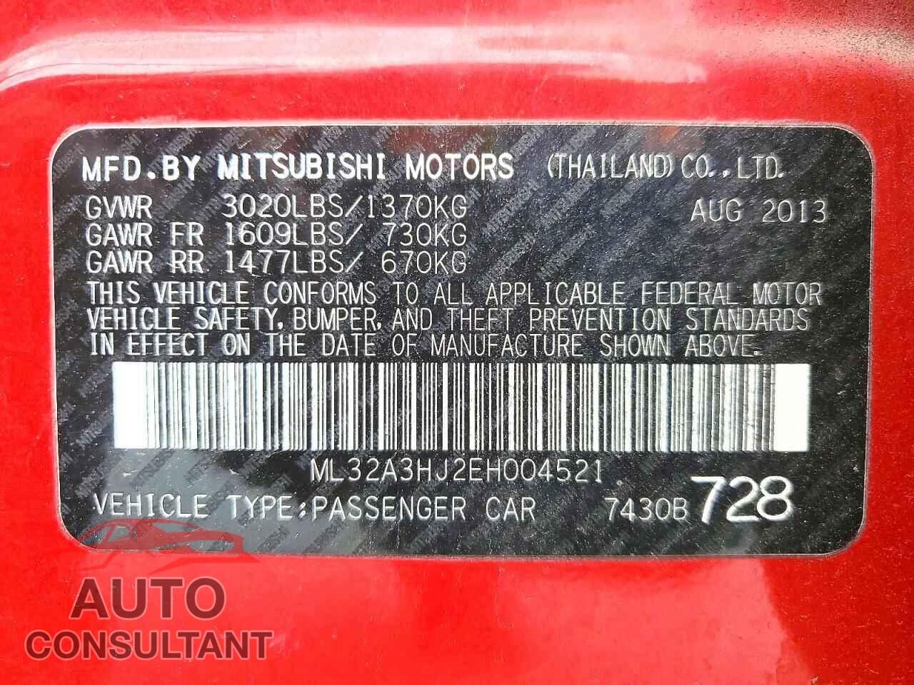 MITSUBISHI MIRAGE 2014 - ML32A3HJ2EH004521