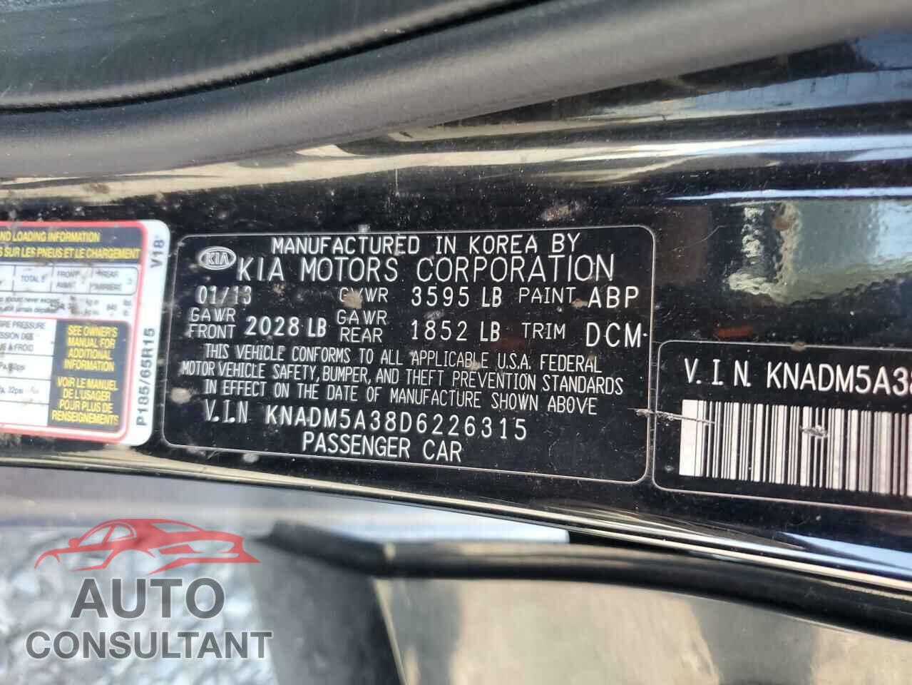 KIA RIO 2013 - KNADM5A38D6226315