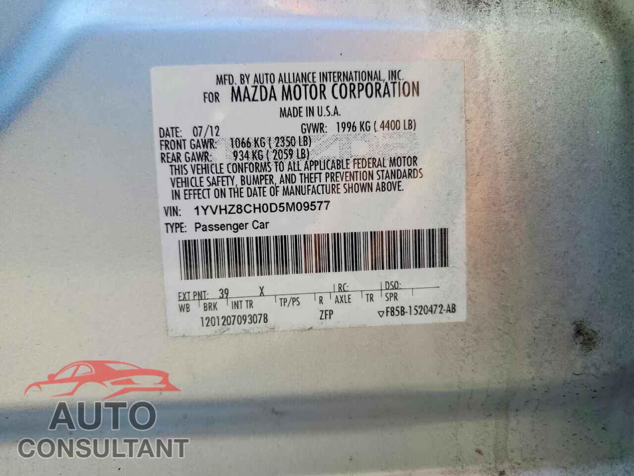 MAZDA 6 2013 - 1YVHZ8CH0D5M09577