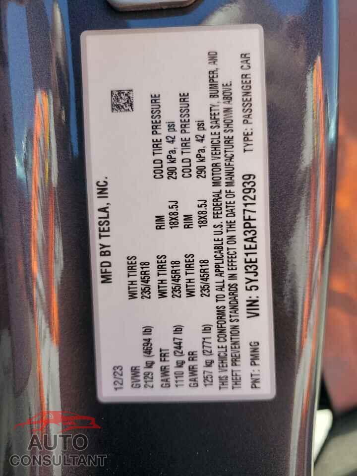 TESLA MODEL 3 2023 - 5YJ3E1EA3PF712939