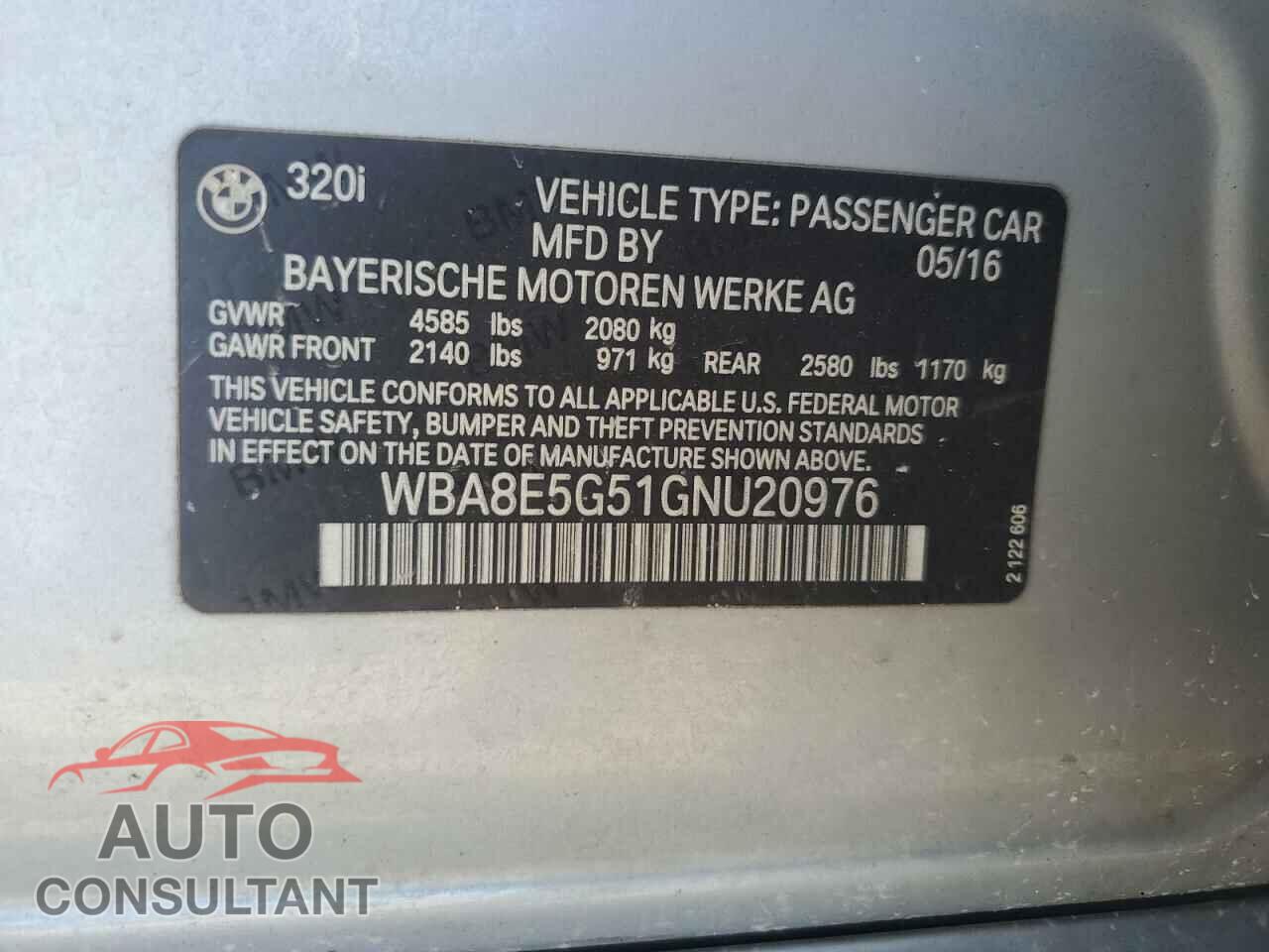 BMW 3 SERIES 2016 - WBA8E5G51GNU20976