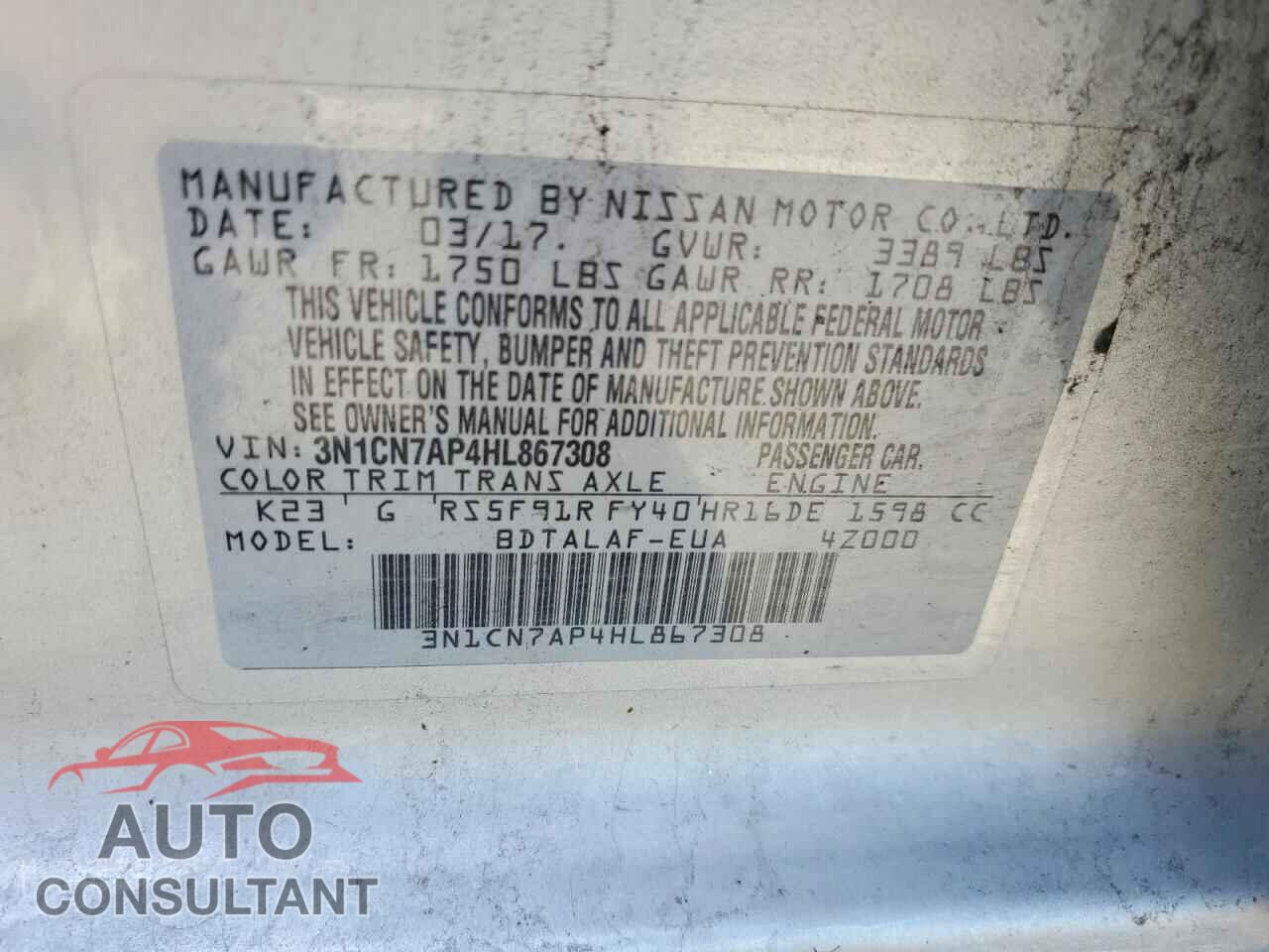 NISSAN VERSA 2017 - 3N1CN7AP4HL867308