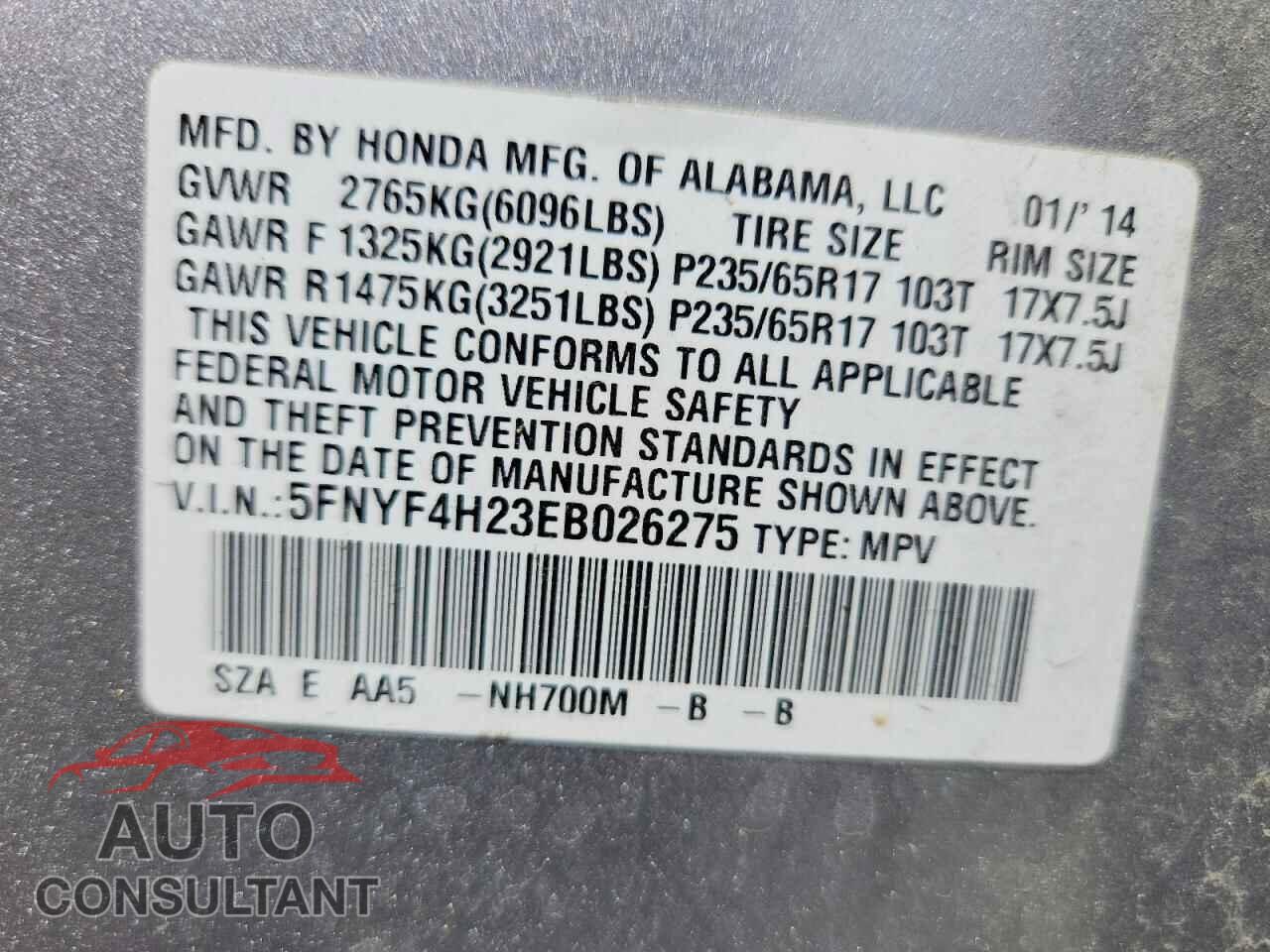 HONDA PILOT 2014 - 5FNYF4H23EB026275