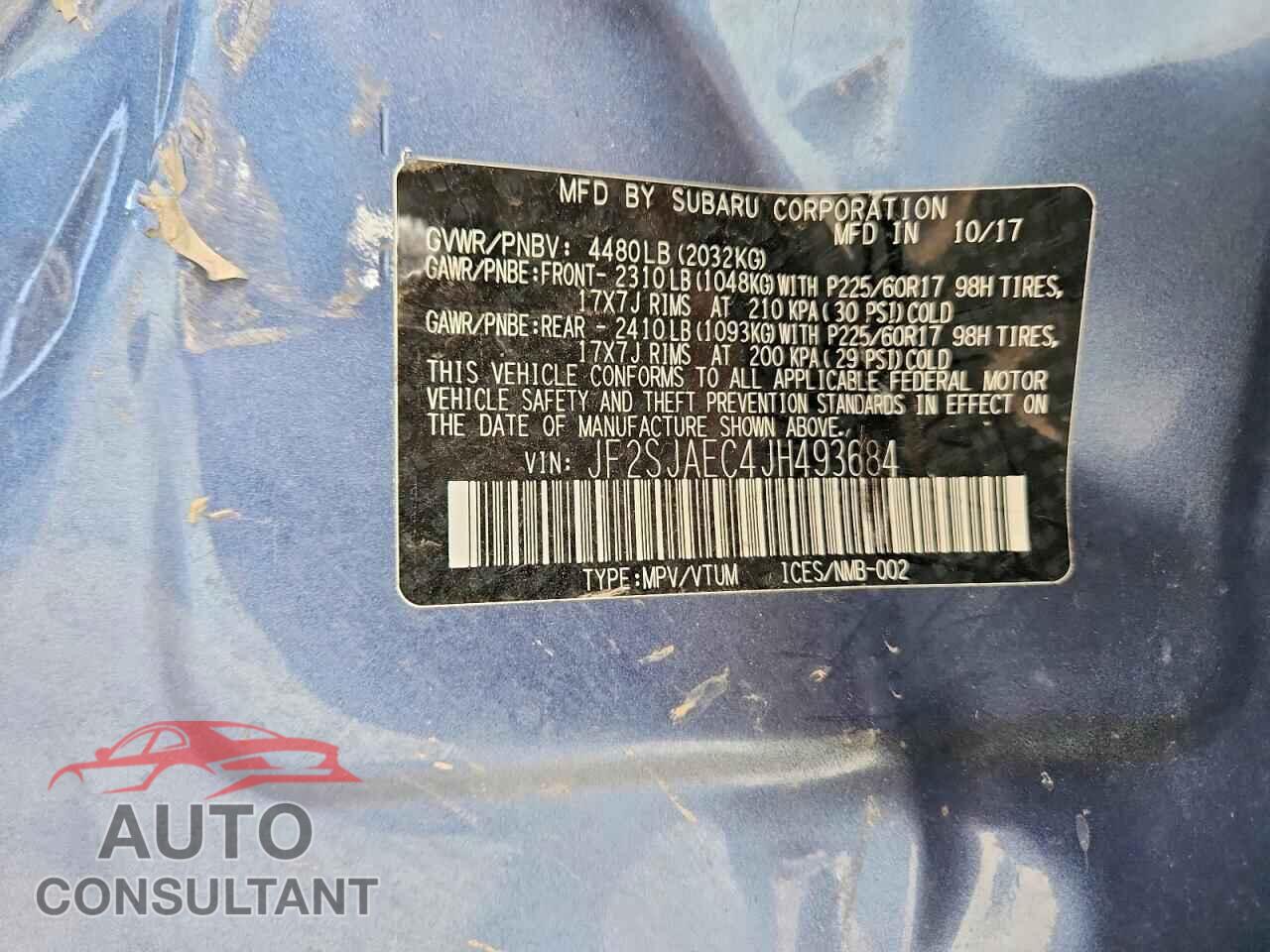 SUBARU FORESTER 2018 - JF2SJAEC4JH493684