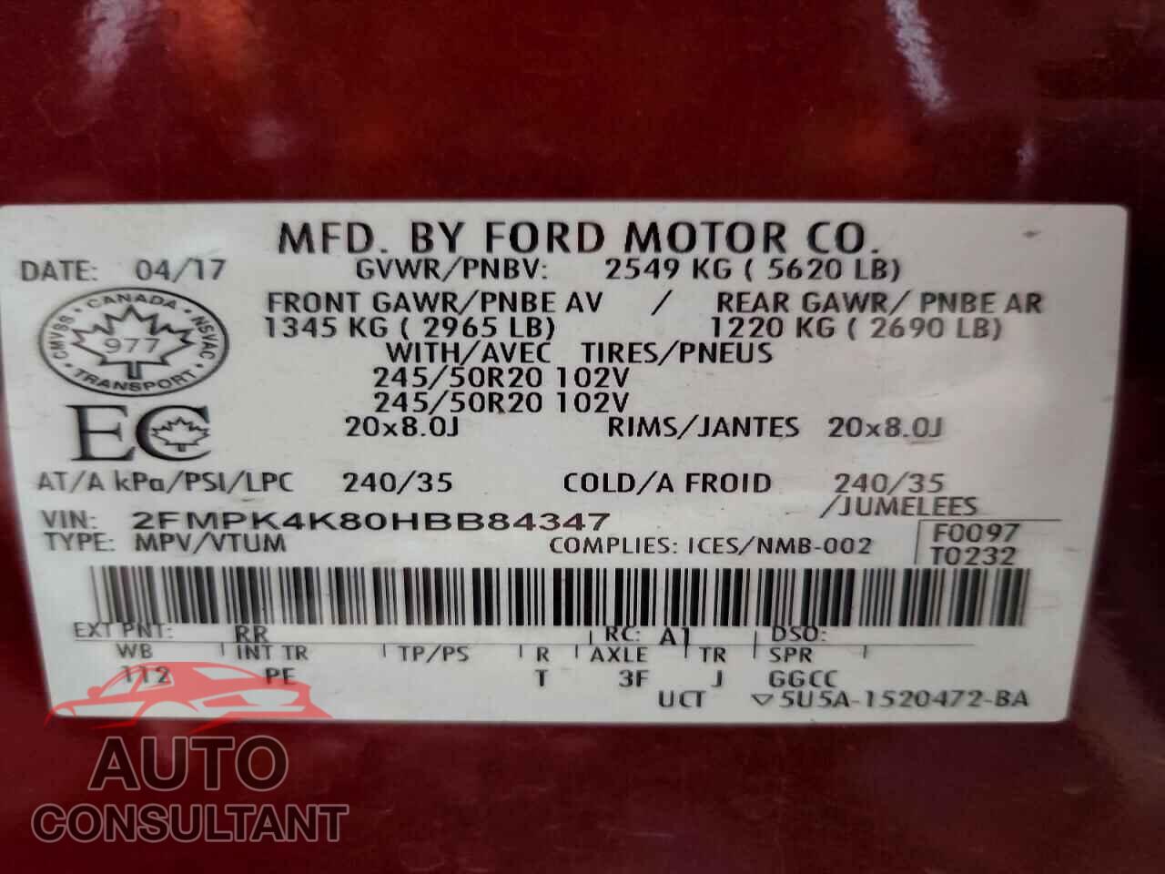 FORD EDGE 2017 - 2FMPK4K80HBB84347
