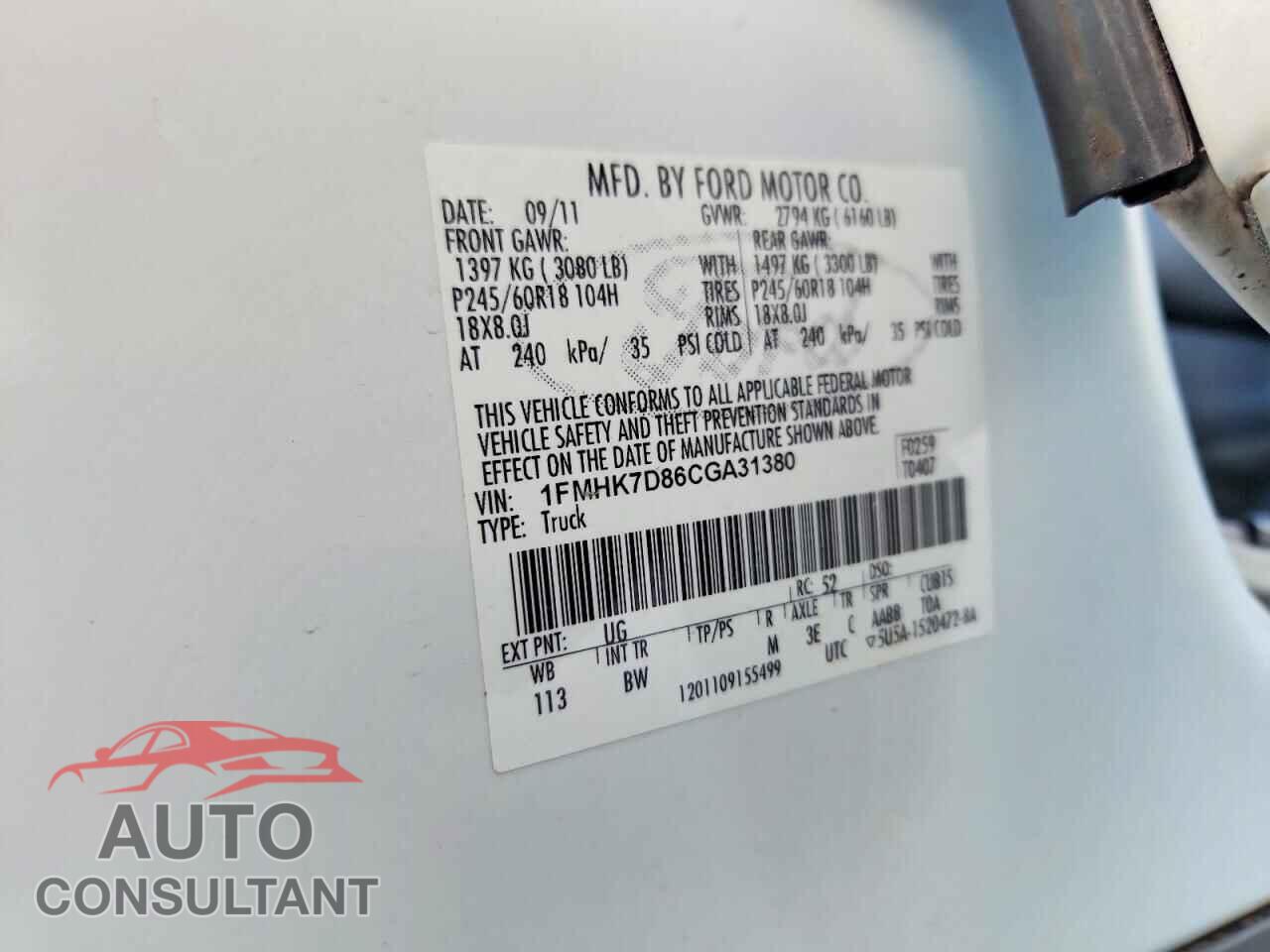 FORD EXPLORER 2012 - 1FMHK7D86CGA31380