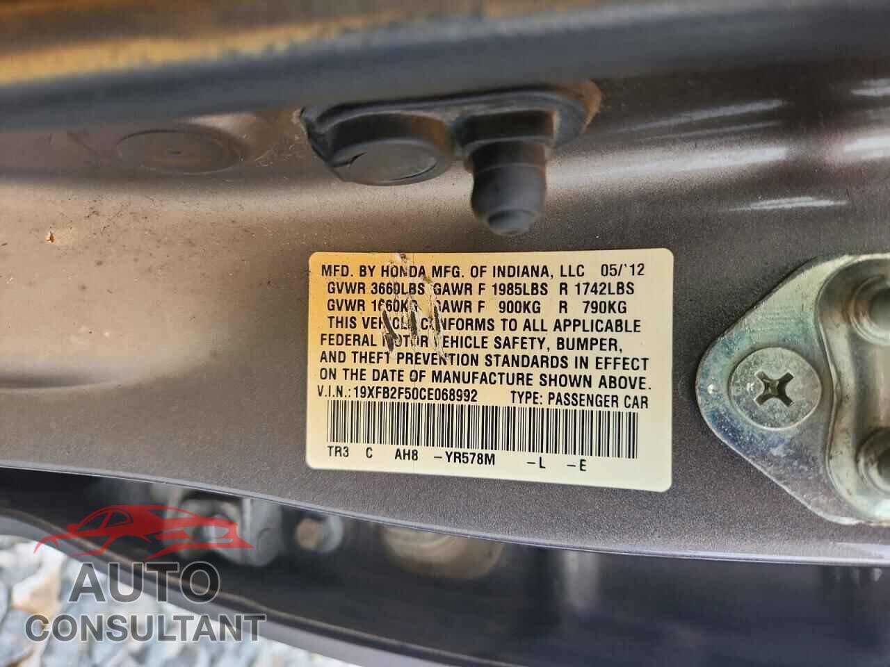 HONDA CIVIC 2012 - 19XFB2F50CE068992