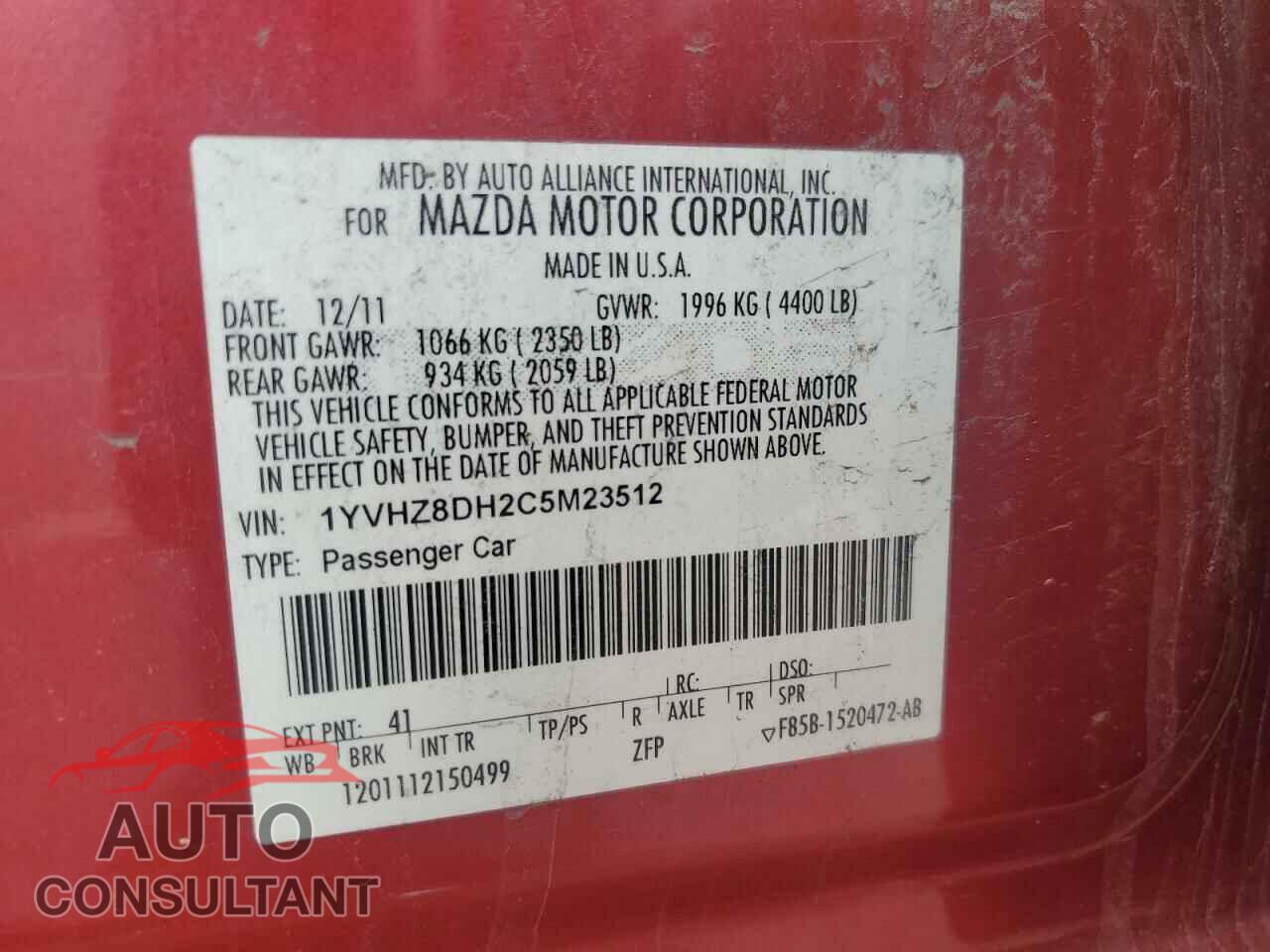 MAZDA 6 2012 - 1YVHZ8DH2C5M23512