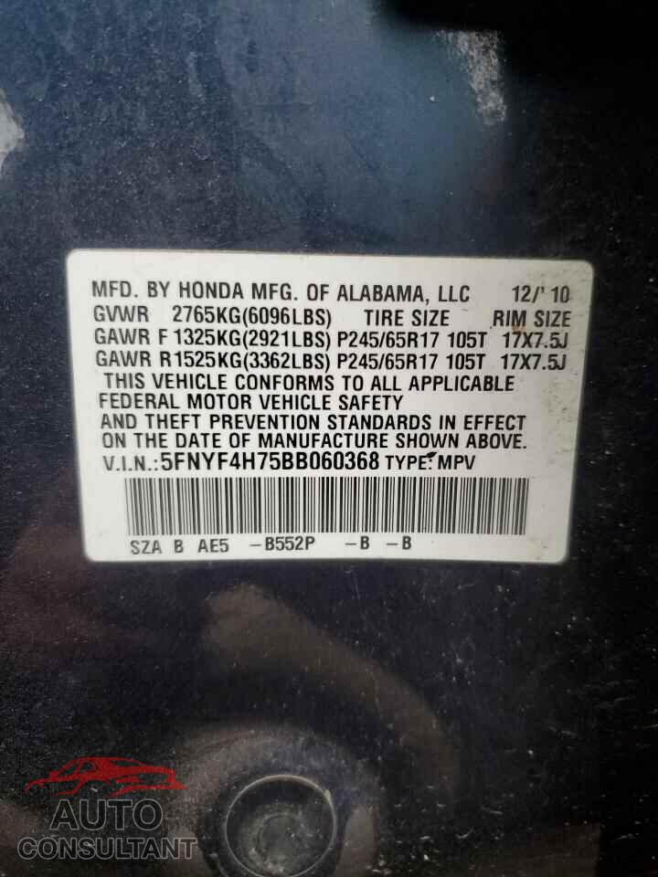 HONDA PILOT 2011 - 5FNYF4H75BB060368