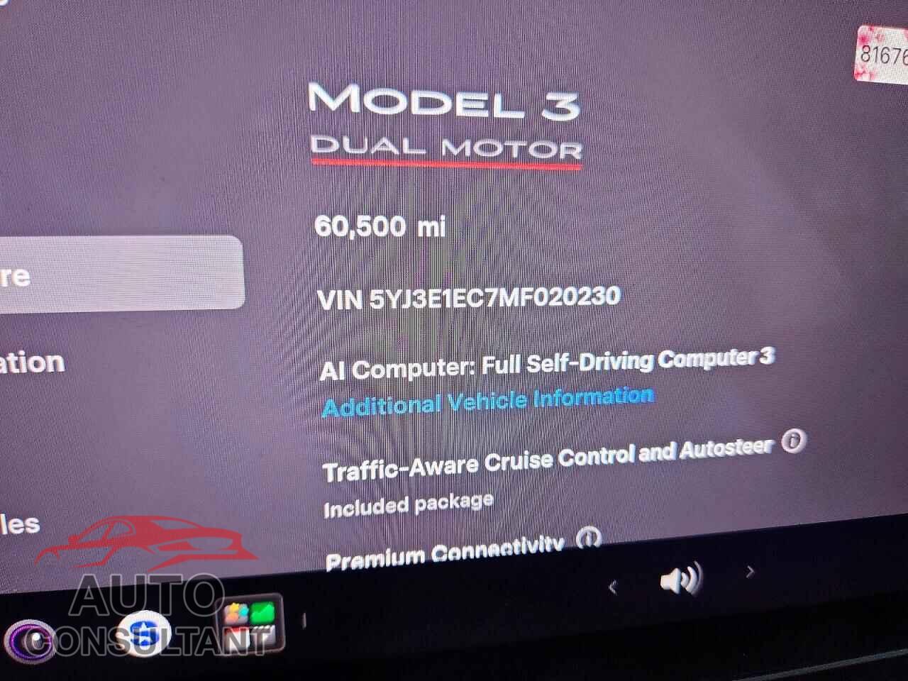 TESLA MODEL 3 2021 - 5YJ3E1EC7MF020230