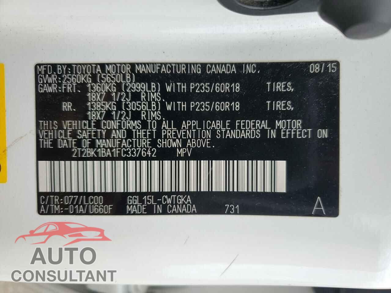 LEXUS RX350 2015 - 2T2BK1BA1FC337642