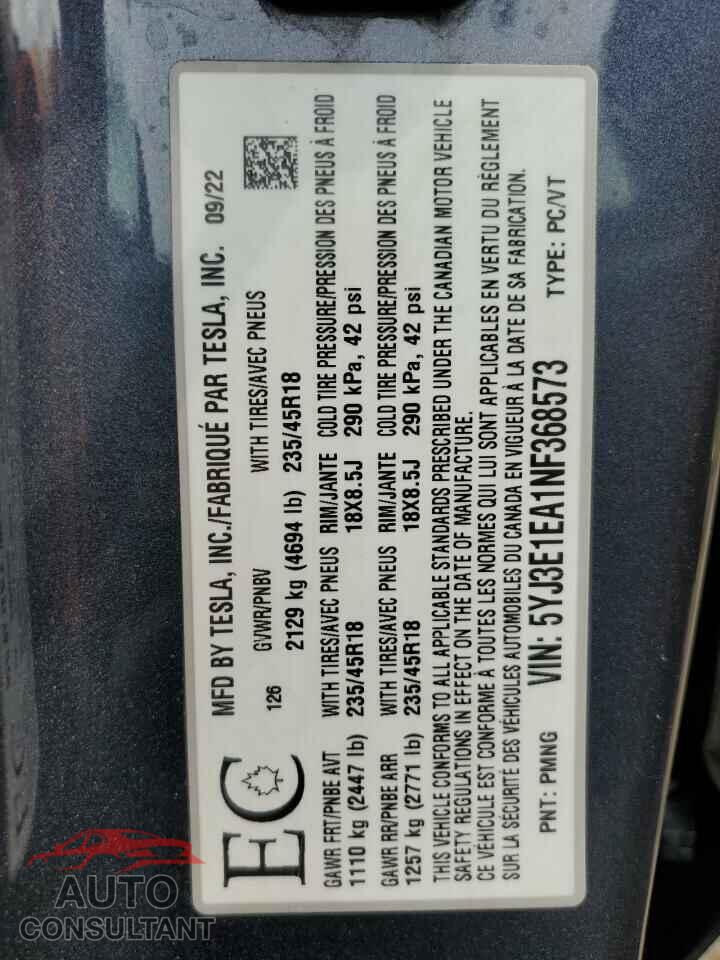 TESLA MODEL 3 2022 - 5YJ3E1EA1NF368573