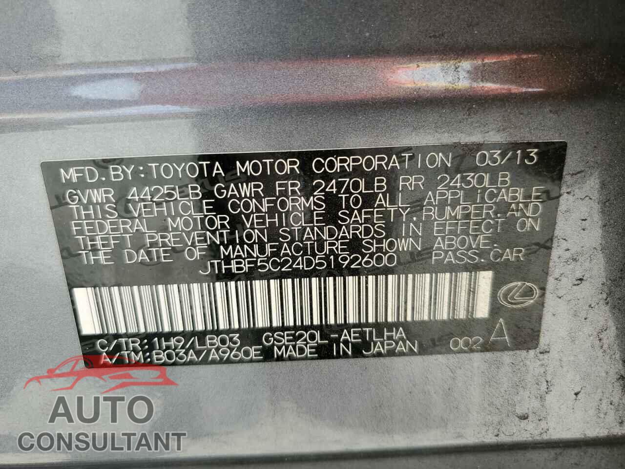 LEXUS IS 2013 - JTHBF5C24D5192600