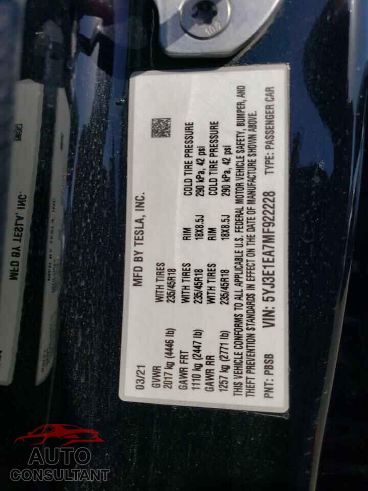 TESLA MODEL 3 2021 - 5YJ3E1EA7MF922228