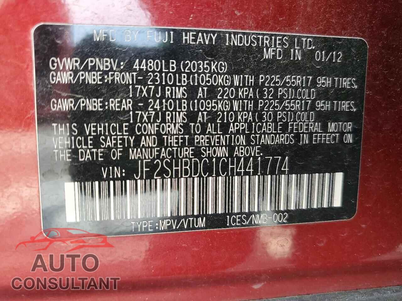 SUBARU FORESTER 2012 - JF2SHBDC1CH441774