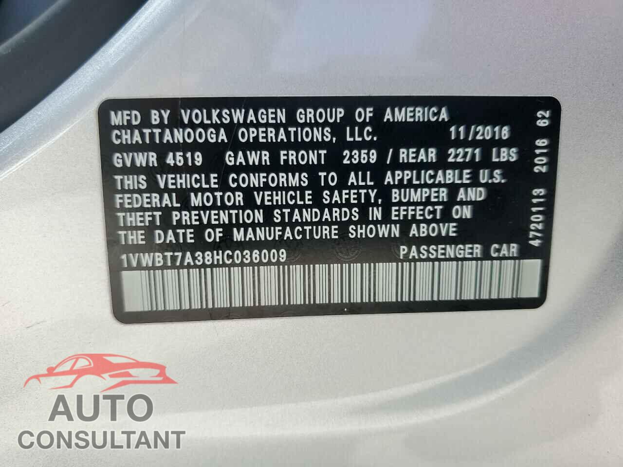 VOLKSWAGEN PASSAT 2017 - 1VWBT7A38HC036009