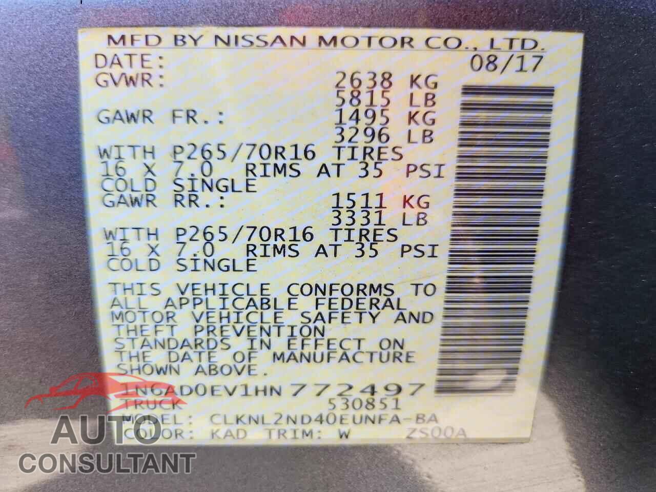 NISSAN FRONTIER 2017 - 1N6AD0EV1HN772497