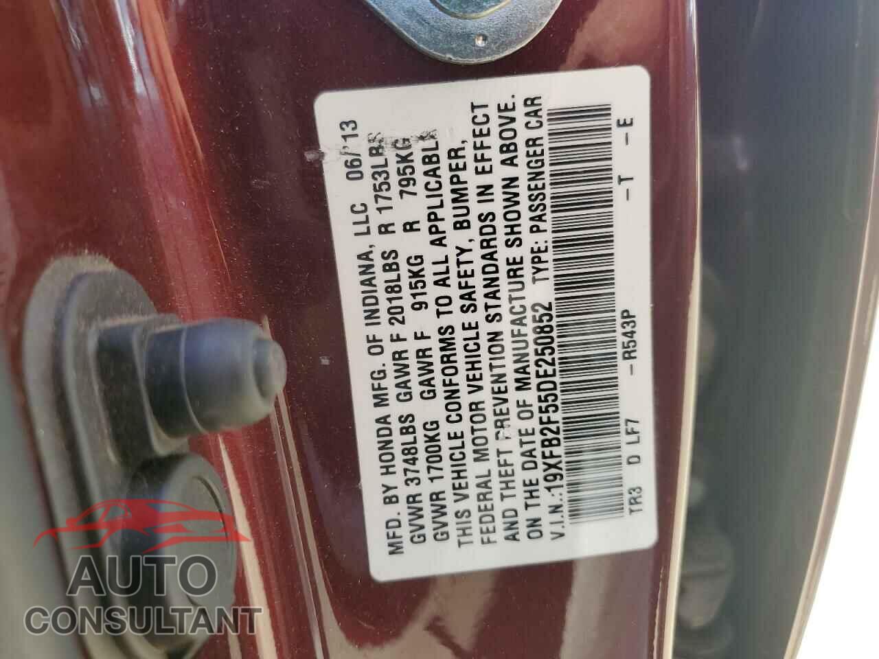 HONDA CIVIC 2013 - 19XFB2F55DE250852