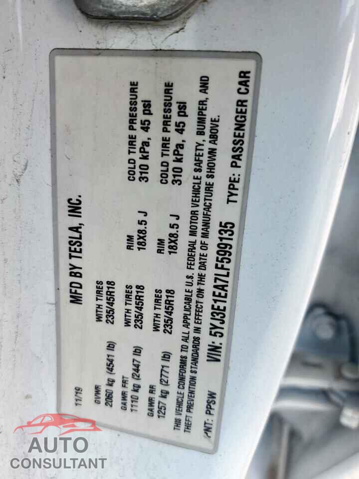 TESLA MODEL 3 2020 - 5YJ3E1EA7LF599135