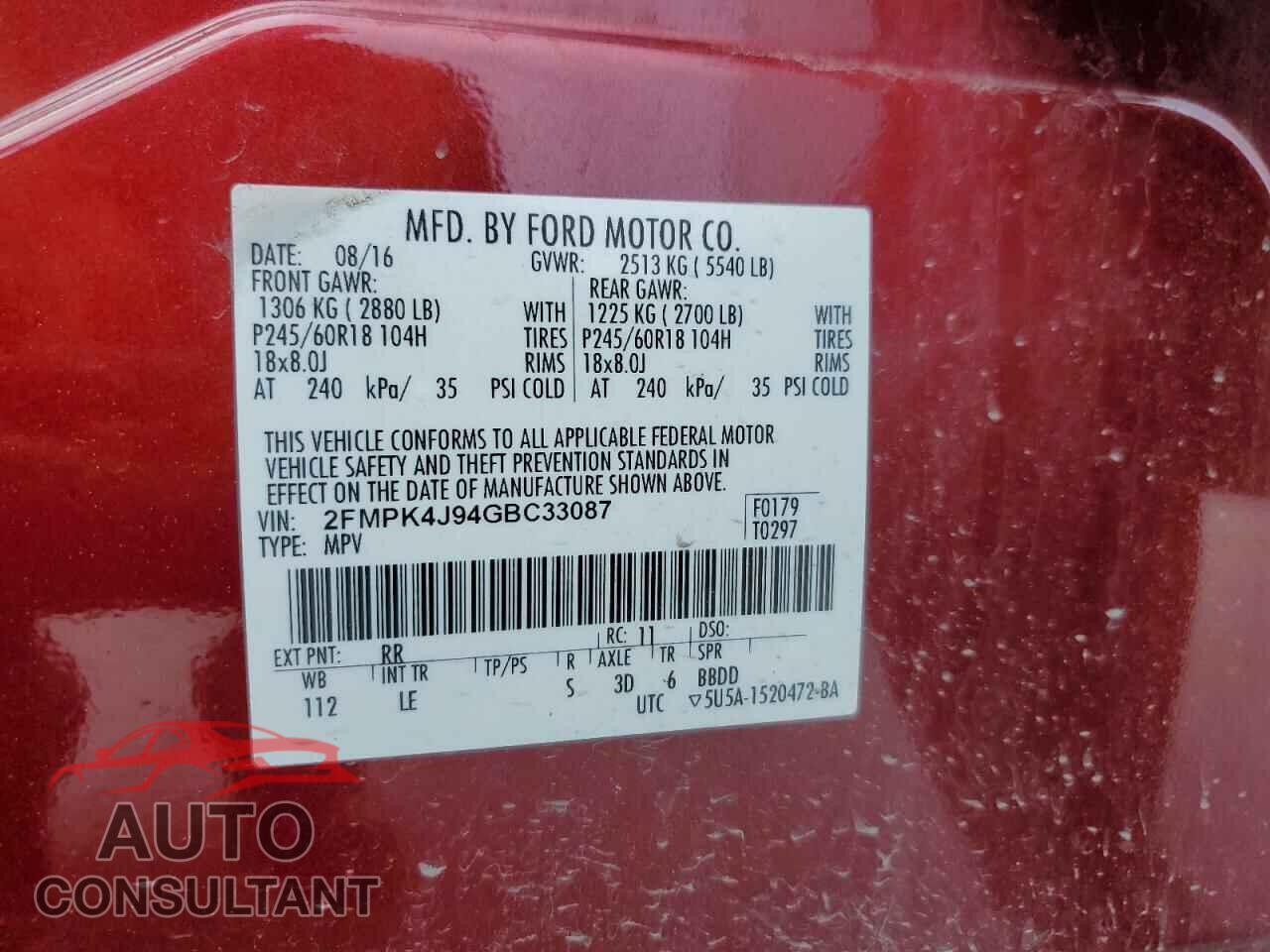 FORD EDGE 2016 - 2FMPK4J94GBC33087