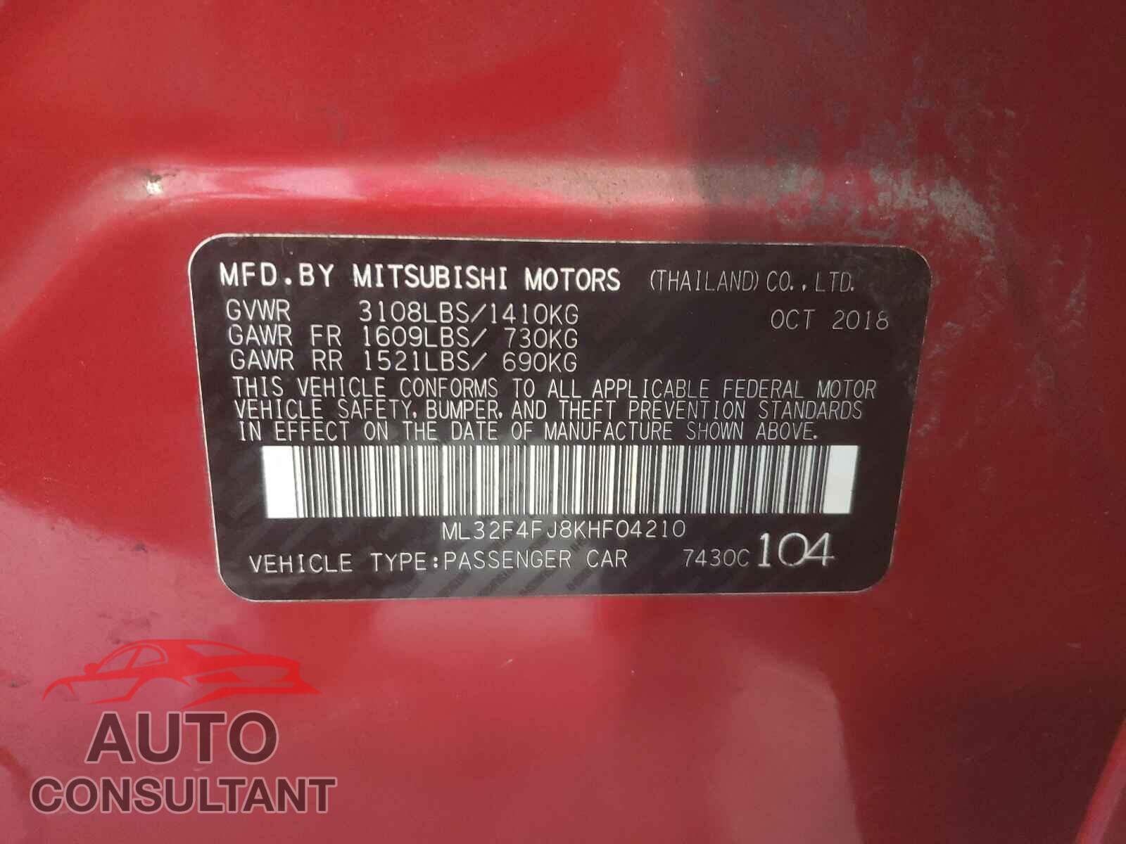 MITSUBISHI MIRAGE 2019 - ML32F4FJ8KHF04210