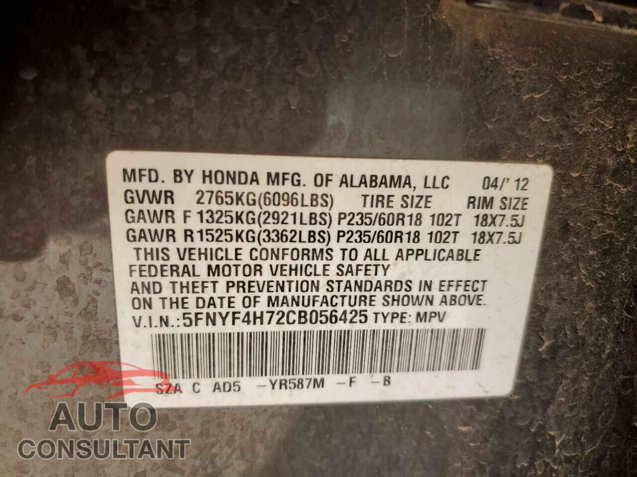 HONDA PILOT 2012 - 5FNYF4H72CB056425