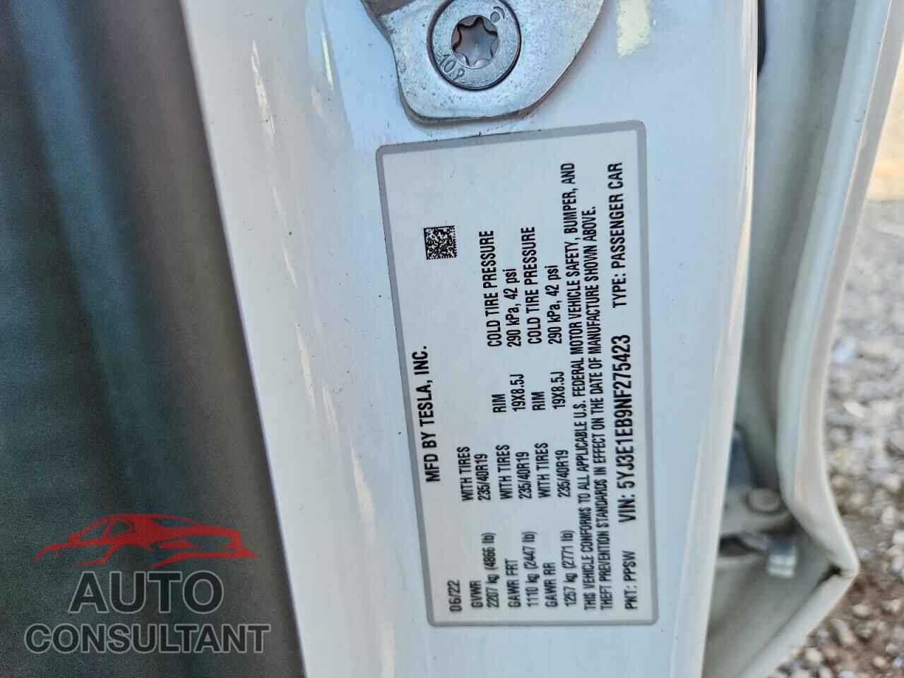 TESLA MODEL 3 2022 - 5YJ3E1EB9NF275423