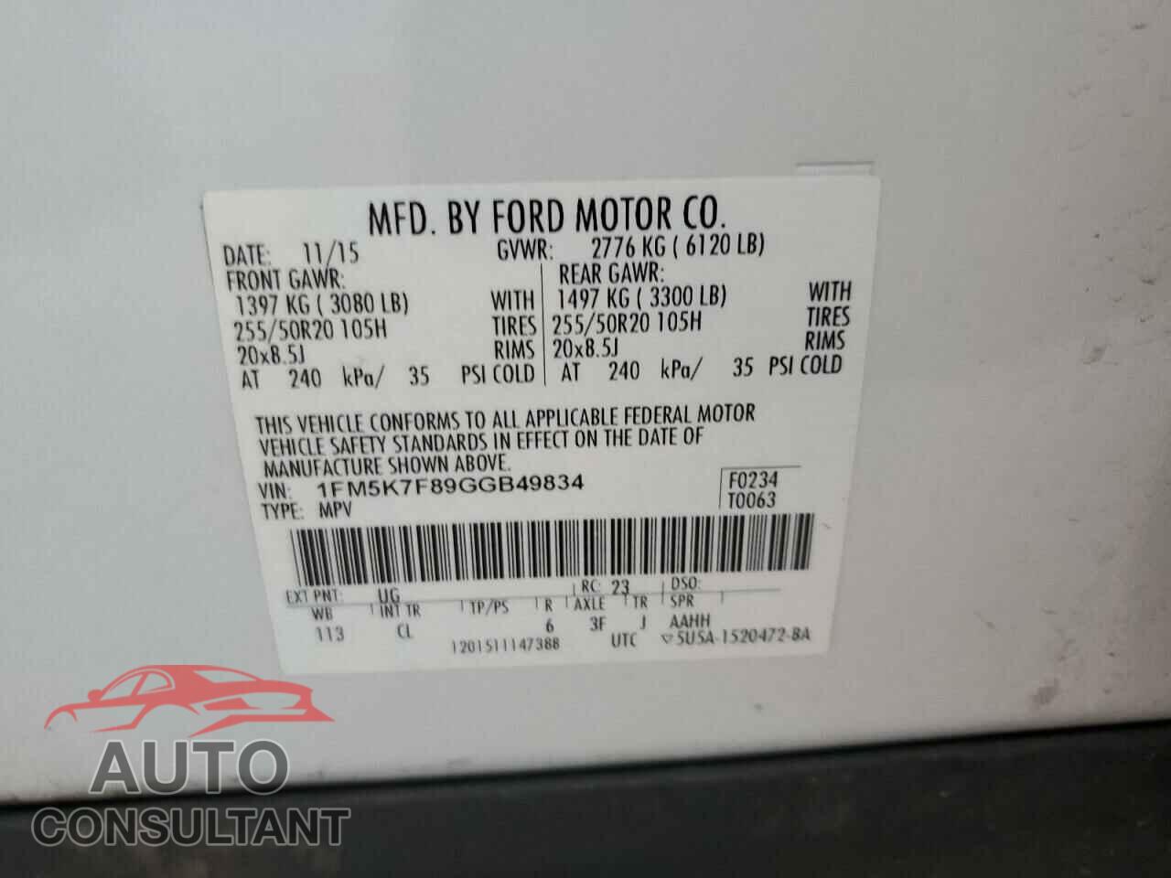 FORD EXPLORER 2016 - 1FM5K7F89GGB49834