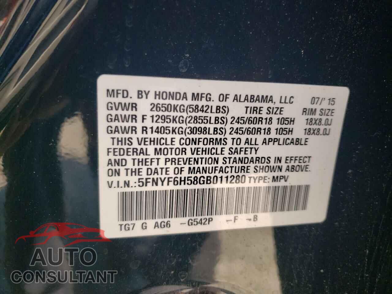 HONDA PILOT 2016 - 5FNYF6H58GB011280
