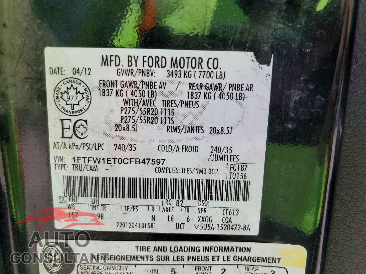 FORD F150 2012 - 1FTFW1ET0CFB47597